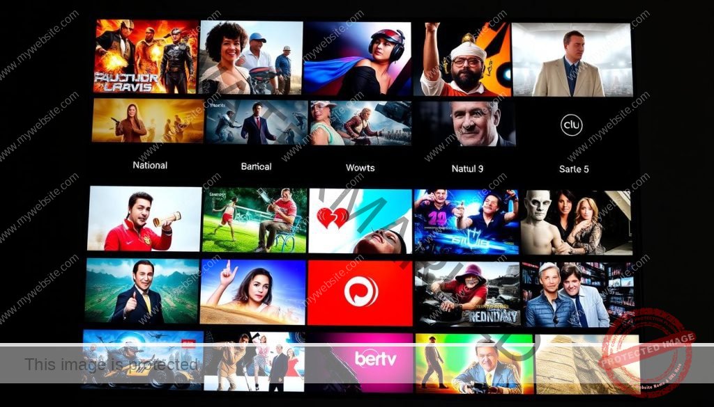 Vibrant channels displayed in a sleek, modern TV interface. A dynamic grid layout showcases a diverse selection of national and international programming, each tile featuring crisp, high-definition visuals. The interface exudes a clean, intuitive design with a seamless user experience. Soft lighting illuminates the scene, creating a warm, inviting atmosphere. The overall composition conveys a sense of comprehensive entertainment, catering to a wide range of viewer preferences and offering a comprehensive IPTV solution. Vibrant channels displayed in a sleek, modern TV interface. A dynamic grid layout showcases a diverse selection of national and international programming, each tile featuring crisp, high-definition visuals. The interface exudes a clean, intuitive design with a seamless user experience. Soft lighting illuminates the scene, creating a warm, inviting atmosphere. The overall composition conveys a sense of comprehensive entertainment, catering to a wide range of viewer preferences and offering a comprehensive IPTV solution.